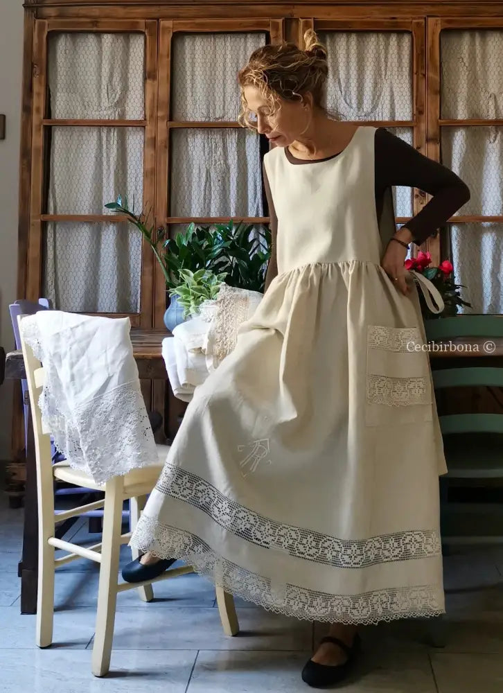 Grembiule in lino per donna da cucina con balza uncinetto (Ref. 94) grembiule donna tessuti antichi