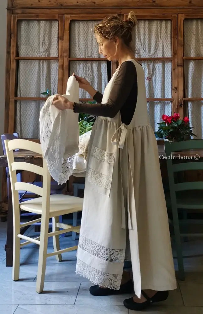 Grembiule in lino per donna da cucina con balza uncinetto (Ref. 94) grembiule donna tessuti antichi