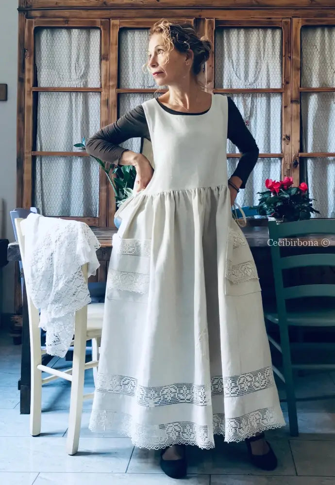 Grembiule in lino per donna da cucina con balza uncinetto (Ref. 94) grembiule donna tessuti antichi