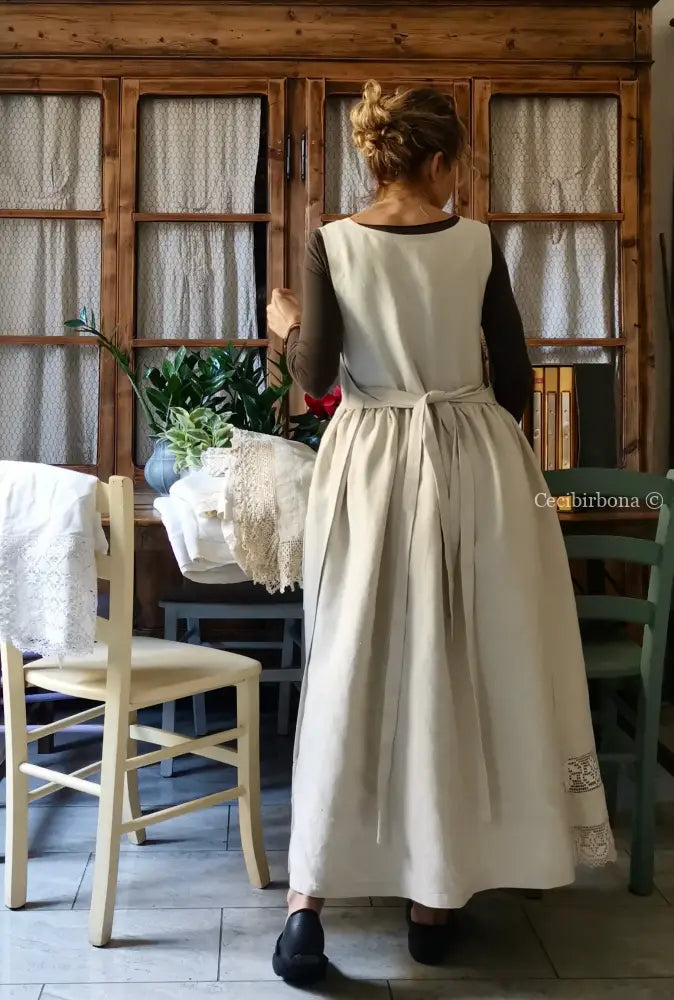 Grembiule in lino per donna da cucina con balza uncinetto (Ref. 94) grembiule donna tessuti antichi