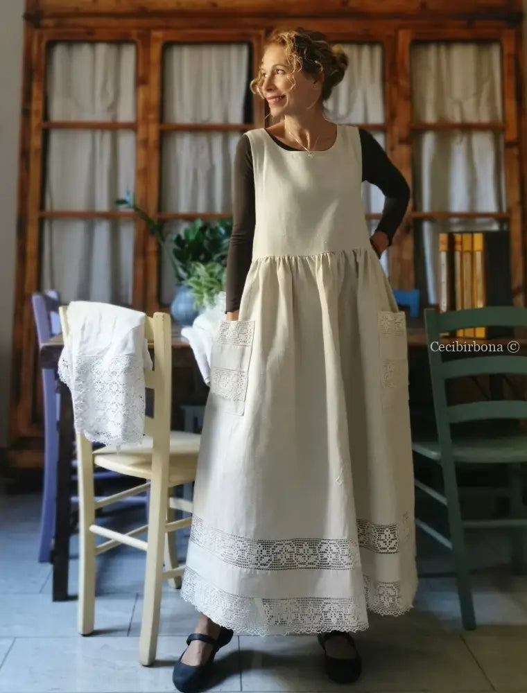 Grembiule in lino per donna da cucina con balza uncinetto (Ref. 94) grembiule donna tessuti antichi