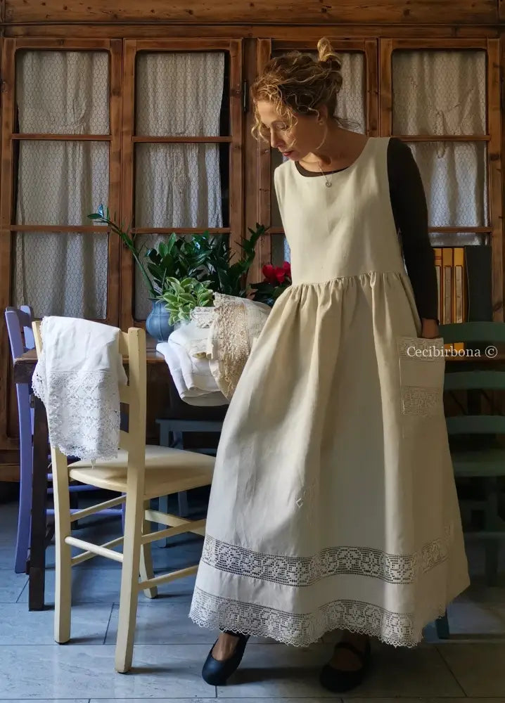 Grembiule in lino per donna da cucina con balza uncinetto (Ref. 94) grembiule donna tessuti antichi