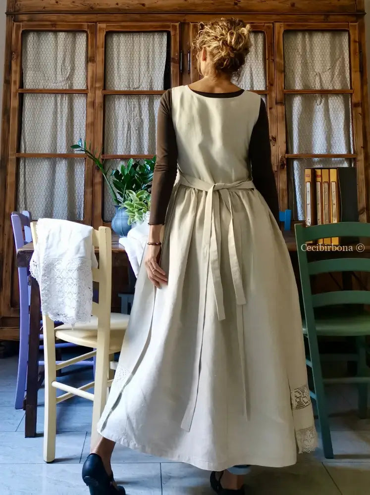 Grembiule in lino per donna da cucina con balza uncinetto (Ref. 94) grembiule donna tessuti antichi