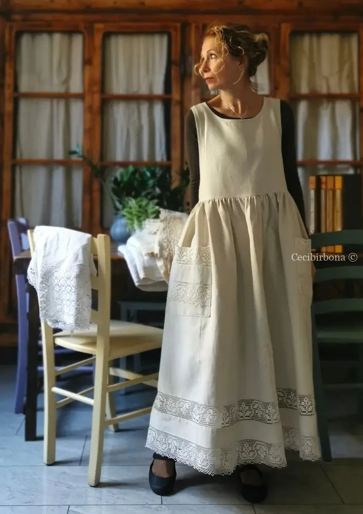 Grembiule in lino per donna da cucina con balza uncinetto (Ref. 94) grembiule donna tessuti antichi