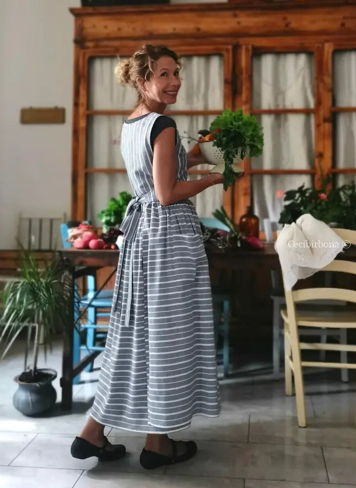 Grembiule in lino rigato blu (Ref. 517) - grembiule donna tessuti moderni