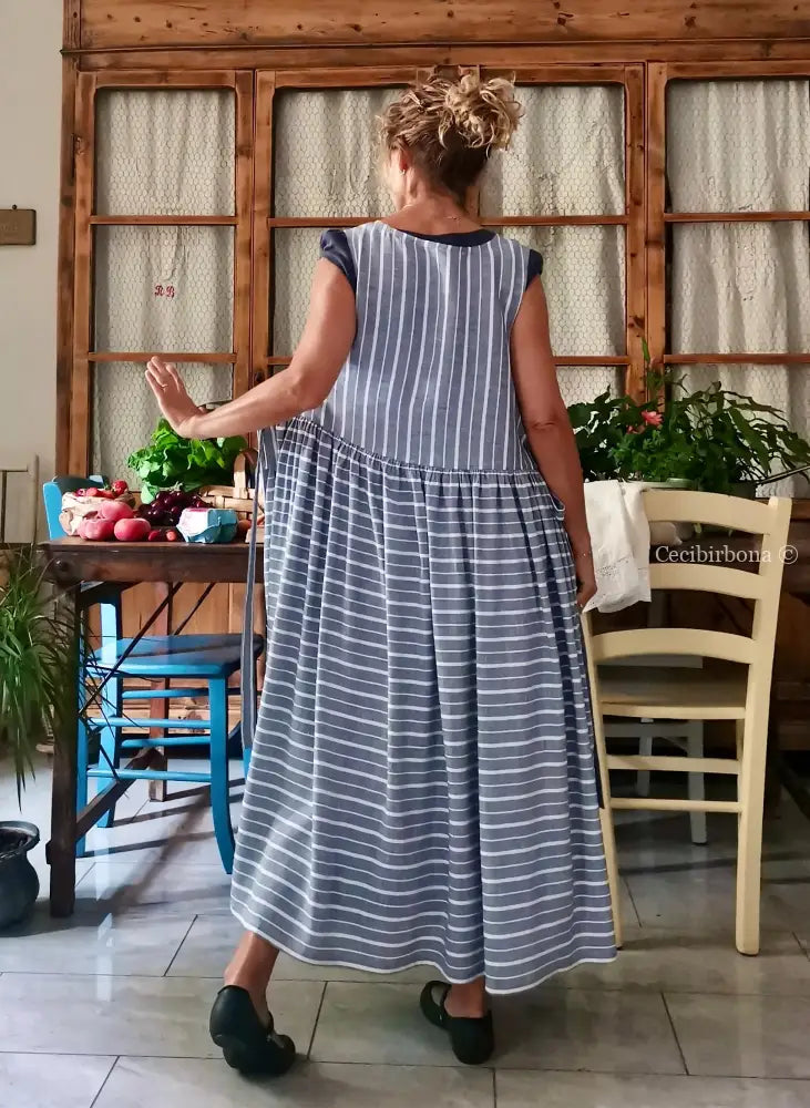 Grembiule in lino rigato blu (Ref. 517) - grembiule donna tessuti moderni