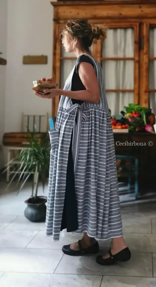 Grembiule in lino rigato blu (Ref. 517) - grembiule donna tessuti moderni