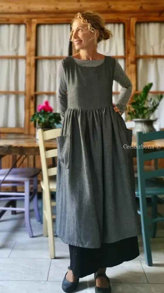 Grembiule in lino spigato grigio scuro con tasche (Ref. 71) grembiule donna tessuti moderni