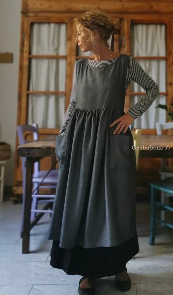 Grembiule in lino spigato grigio scuro con tasche (Ref. 71) grembiule donna tessuti moderni