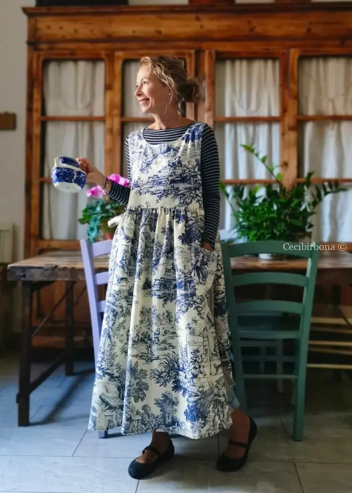 Grembiule in toile de Jouy blue e bianco (Ref. 335) grembiule donna tessuti moderni