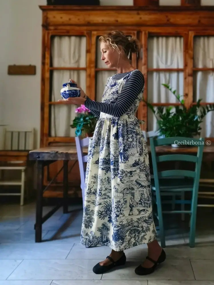 Grembiule in toile de Jouy blue e bianco (Ref. 335) grembiule donna tessuti moderni