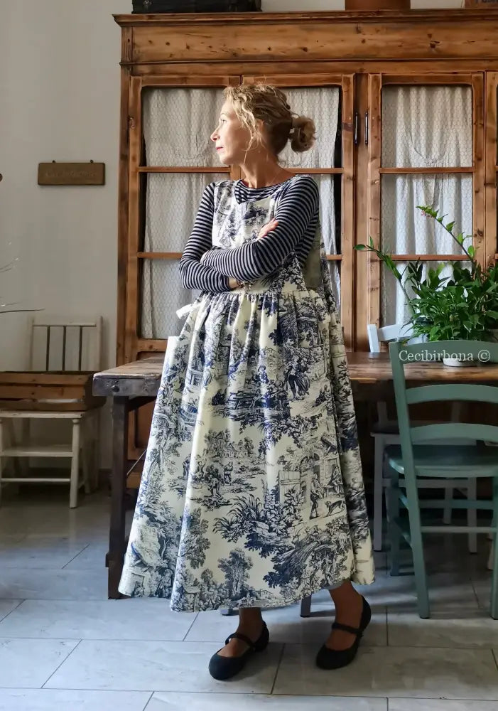 Grembiule in toile de Jouy blue e bianco (Ref. 335) grembiule donna tessuti moderni