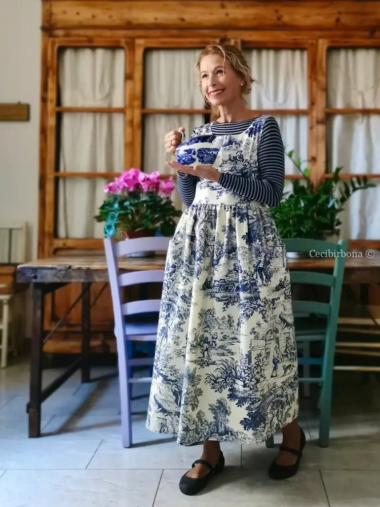 Grembiule in toile de Jouy blue e bianco (Ref. 335) grembiule donna tessuti moderni