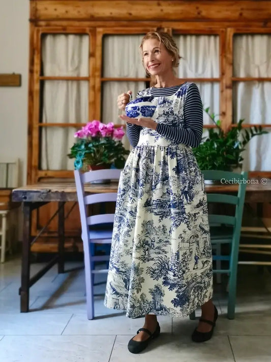 Grembiule in toile de Jouy blue e bianco (Ref. 335) grembiule donna tessuti moderni