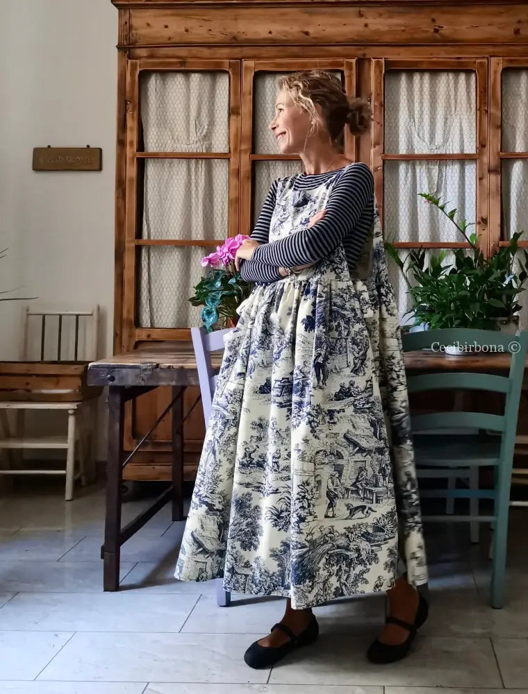 Grembiule in toile de Jouy blue e bianco (Ref. 335) grembiule donna tessuti moderni