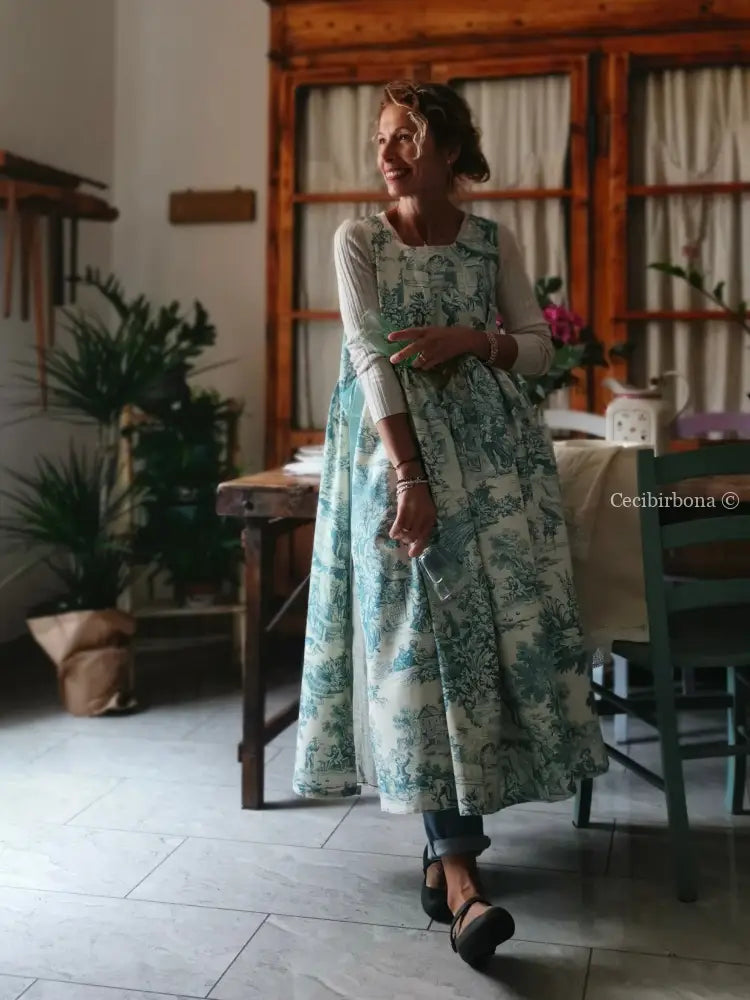 Grembiule in toile de Jouy carta da zucchero con lacci in gros grain (Ref. 333) grembiule donna tessuti moderni