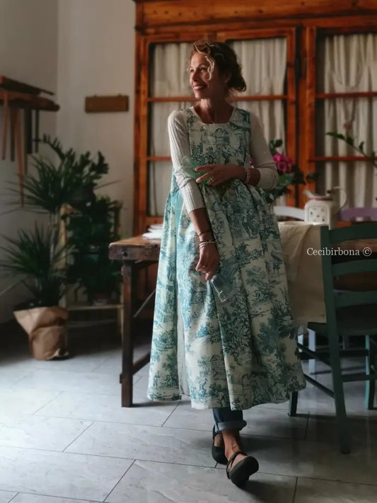 Grembiule in toile de Jouy carta da zucchero con lacci in gros grain (Ref. 333) grembiule donna tessuti moderni