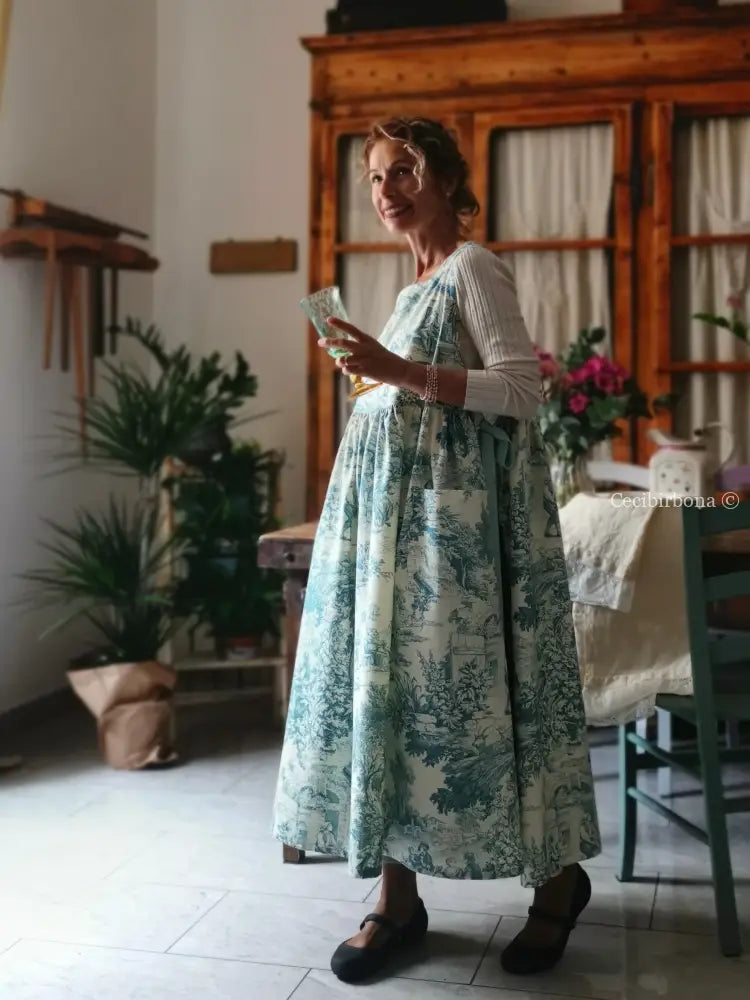 Grembiule in toile de Jouy carta da zucchero con lacci in gros grain (Ref. 333) grembiule donna tessuti moderni