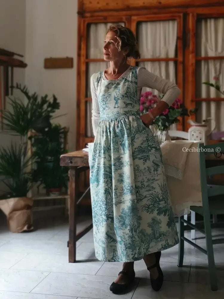 Grembiule in toile de Jouy carta da zucchero con lacci in gros grain (Ref. 333) grembiule donna tessuti moderni