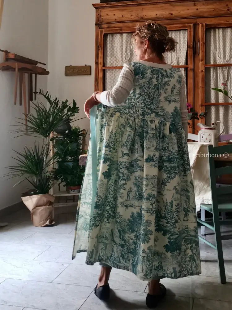 Grembiule in toile de Jouy carta da zucchero con lacci in gros grain (Ref. 333) grembiule donna tessuti moderni