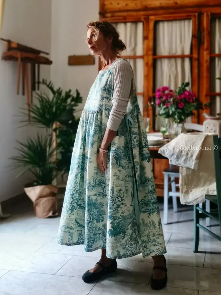 Grembiule in toile de Jouy carta da zucchero con lacci in gros grain (Ref. 333) grembiule donna tessuti moderni