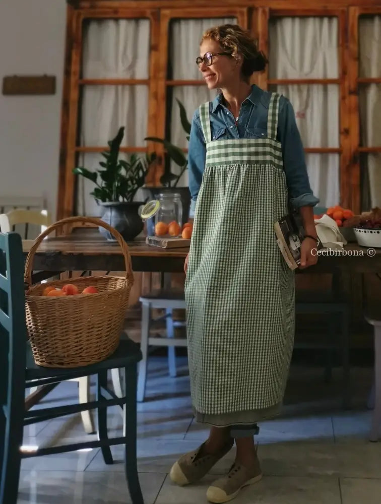 Grembiule lungo con bretelle a quadri verdi (Ref. 39) grembiule donna tessuti moderni