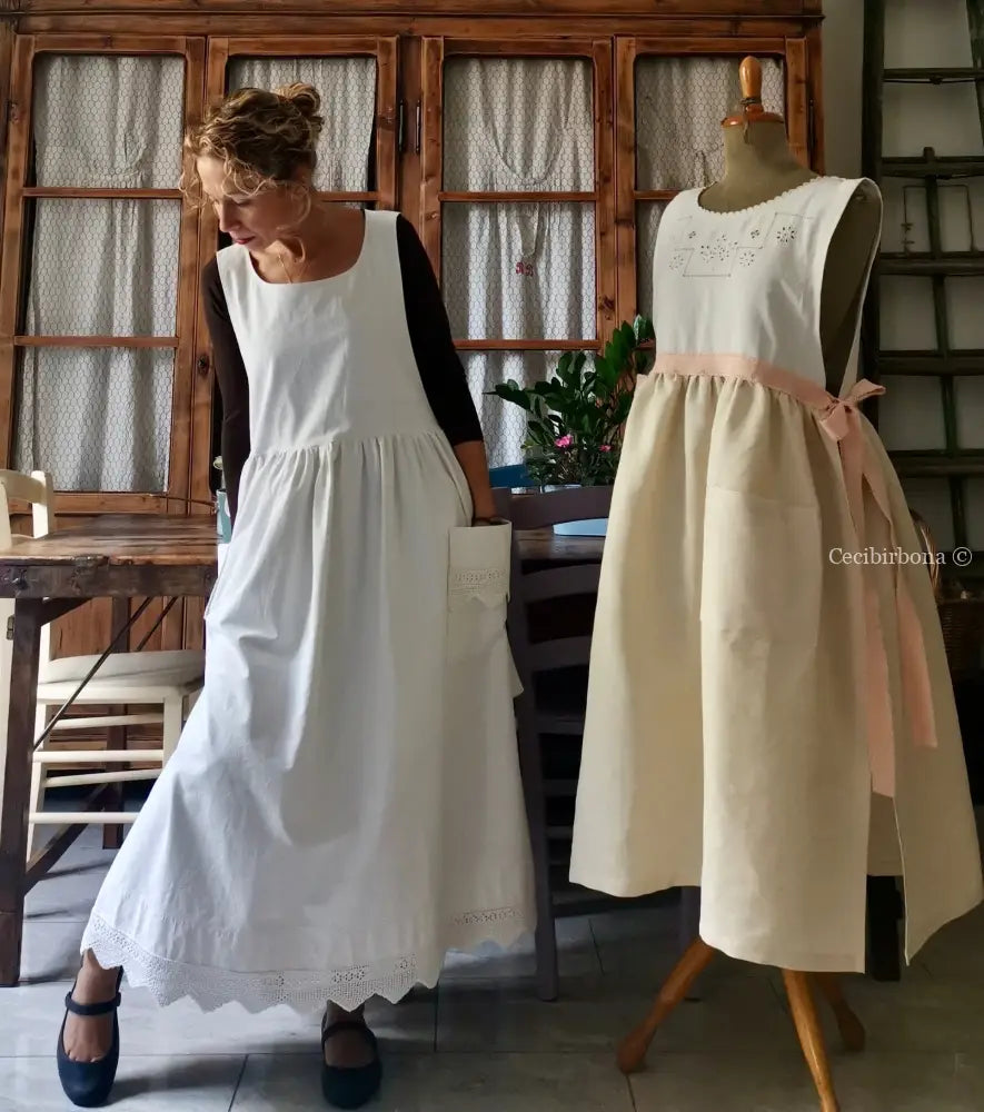 Grembiule lungo da cucina con balza ad uncinetto (Ref. 57) grembiule donna tessuti antichi