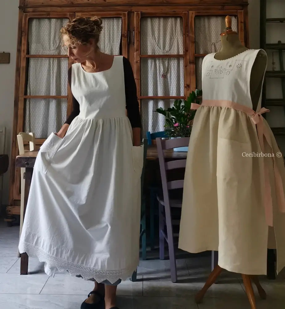 Grembiule lungo da cucina con balza ad uncinetto (Ref. 57) grembiule donna tessuti antichi