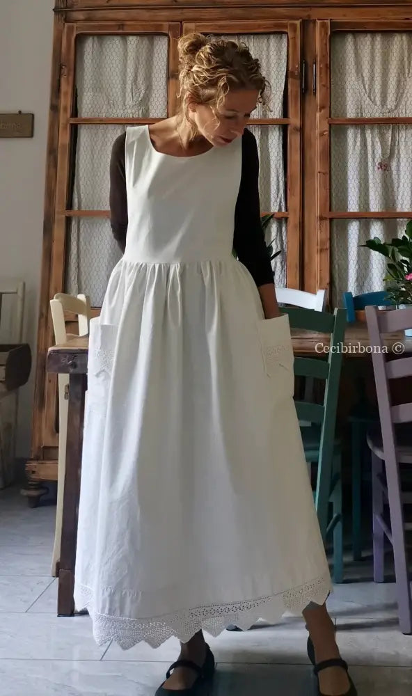 Grembiule lungo da cucina con balza ad uncinetto (Ref. 57) grembiule donna tessuti antichi