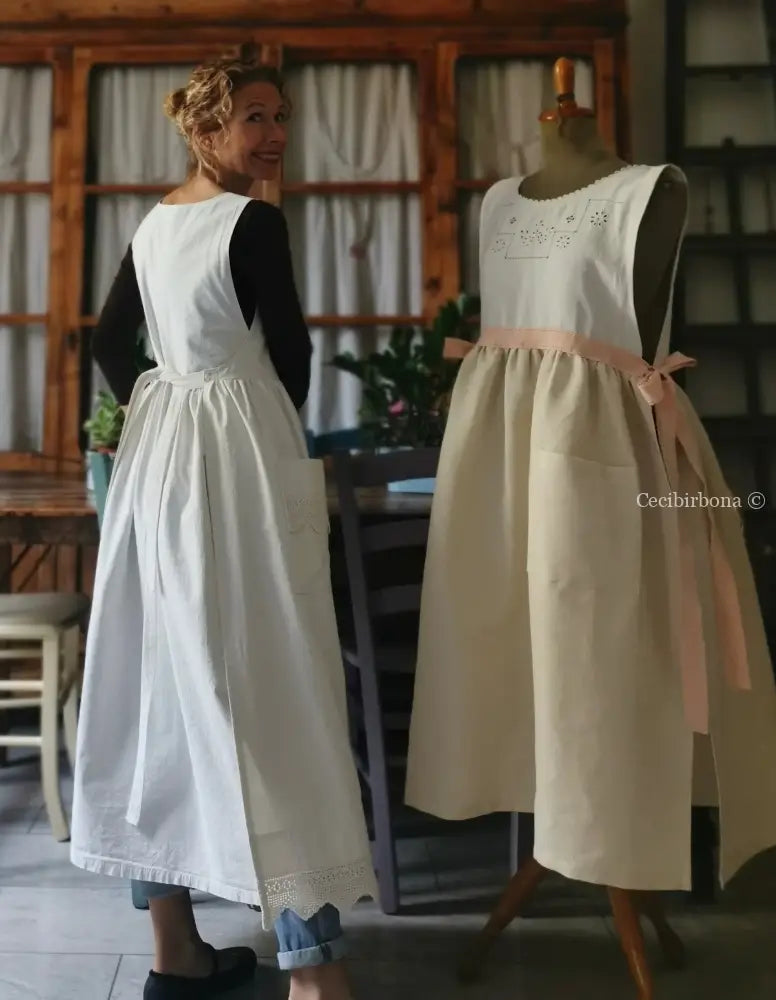 Grembiule lungo da cucina con balza ad uncinetto (Ref. 57) grembiule donna tessuti antichi