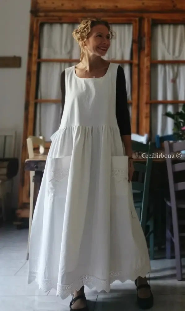 Grembiule lungo da cucina con balza ad uncinetto (Ref. 57) grembiule donna tessuti antichi