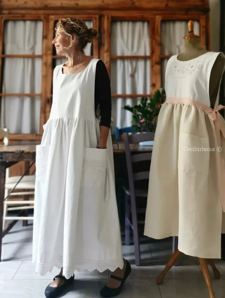 Grembiule lungo da cucina con balza ad uncinetto (Ref. 57) grembiule donna tessuti antichi