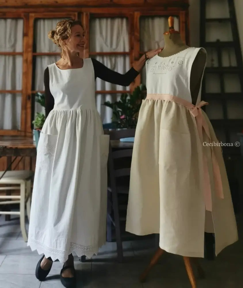 Grembiule lungo da cucina con balza ad uncinetto (Ref. 57) grembiule donna tessuti antichi