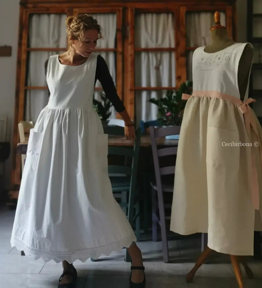 Grembiule lungo da cucina con balza ad uncinetto (Ref. 57) grembiule donna tessuti antichi