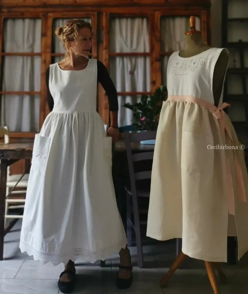 Grembiule lungo da cucina con balza ad uncinetto (Ref. 57) grembiule donna tessuti antichi