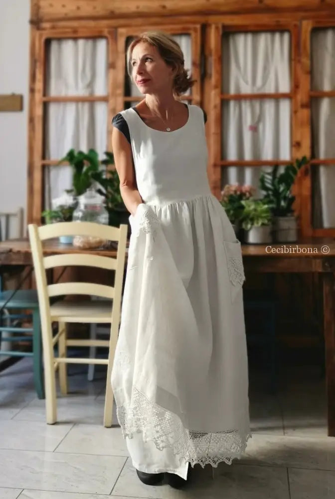 Grembiule lungo in lino con balza all’uncinetto (Ref. 185) grembiule donna tessuti antichi
