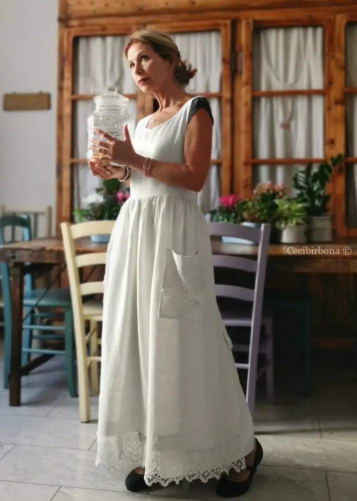 Grembiule lungo in lino con balza all’uncinetto (Ref. 185) grembiule donna tessuti antichi