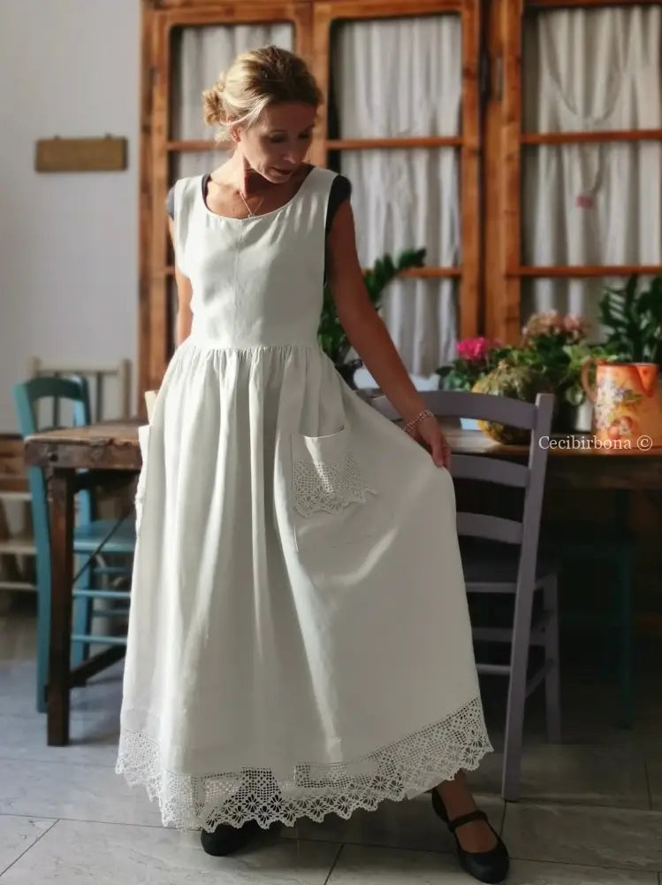 Grembiule lungo in lino con balza all’uncinetto (Ref. 185) grembiule donna tessuti antichi