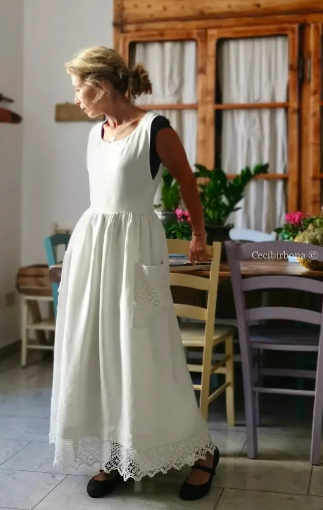 Grembiule lungo in lino con balza all’uncinetto (Ref. 185) grembiule donna tessuti antichi