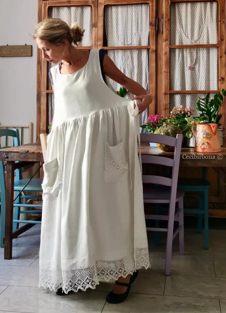 Grembiule lungo in lino con balza all’uncinetto (Ref. 185) grembiule donna tessuti antichi