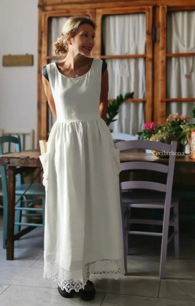 Grembiule lungo in lino con balza all’uncinetto (Ref. 185) grembiule donna tessuti antichi