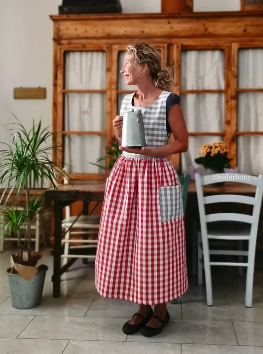 Grembiule patchwork a quadri rossi e grigi (Ref. 429) grembiule donna tessuti moderni