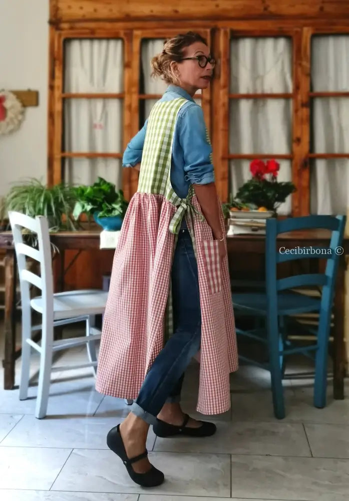 Grembiule patchwork a quadri verdi e rosa (Ref. 448) grembiule donna tessuti moderni