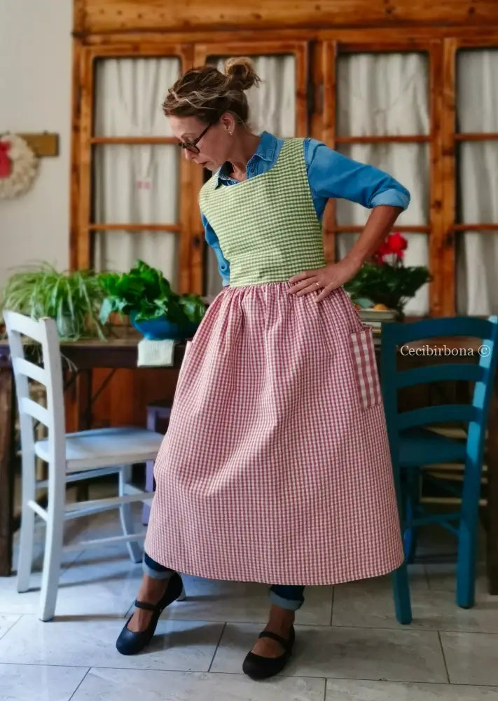 Grembiule patchwork a quadri verdi e rosa (Ref. 448) grembiule donna tessuti moderni