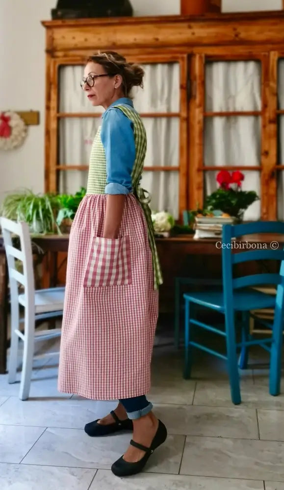 Grembiule patchwork a quadri verdi e rosa (Ref. 448) grembiule donna tessuti moderni