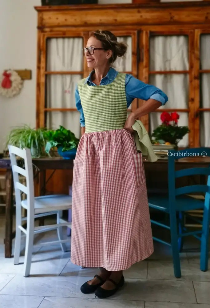 Grembiule patchwork a quadri verdi e rosa (Ref. 448) grembiule donna tessuti moderni