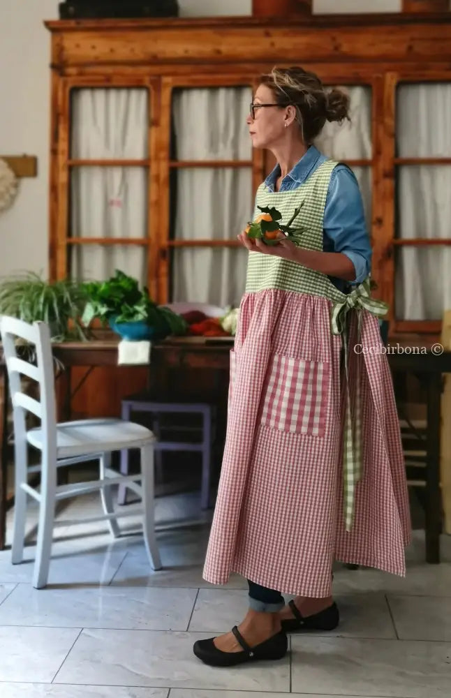 Grembiule patchwork a quadri verdi e rosa (Ref. 448) grembiule donna tessuti moderni