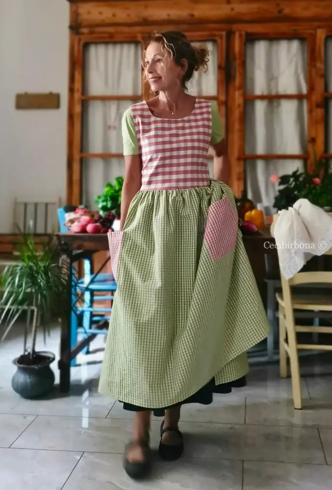 Grembiule patchwork a quadri verdi e rosa (Ref. 515) - grembiule donna tessuti moderni