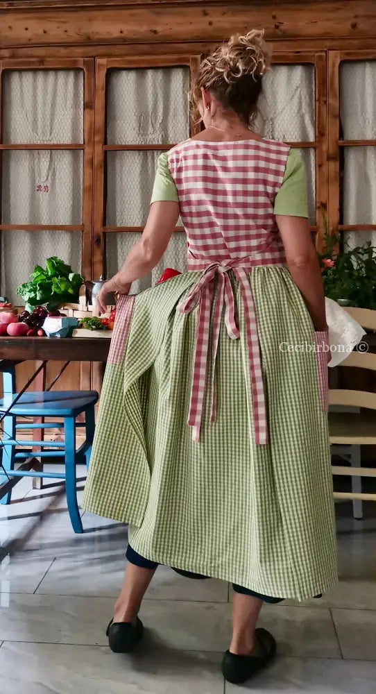 Grembiule patchwork a quadri verdi e rosa (Ref. 515) - grembiule donna tessuti moderni