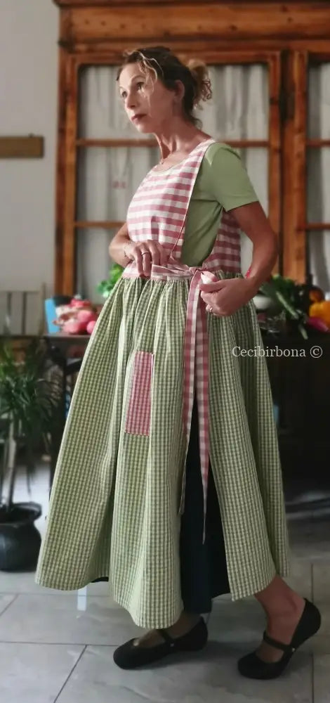 Grembiule patchwork a quadri verdi e rosa (Ref. 515) - grembiule donna tessuti moderni